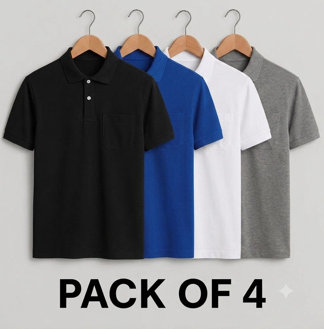 Men's T-shirt Solid Polo Neck Polly Cotton (Pack of 4)